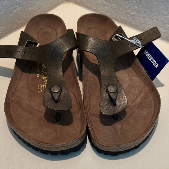 Birkenstock Womens 11 Gizeh Flip Flop Slide Sandal Metallic Brown Birko-Flor NWT - Picture 1 of 8